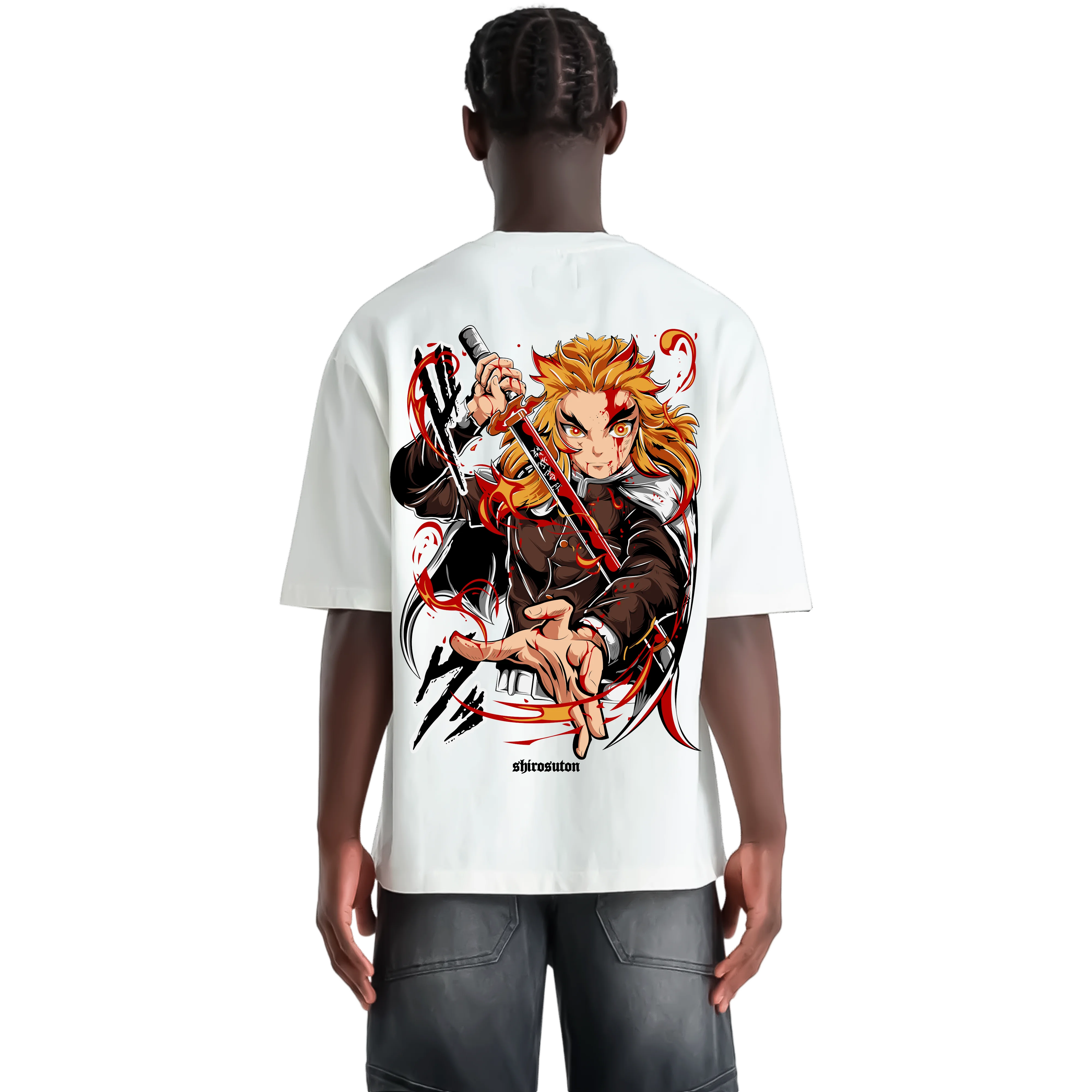 Demon Slayer Rengoku Tshirt im Oversized-Stil – Hochwertiges Anime Merchandise für Streetwear Fans und Demon Slayer Liebhaber.