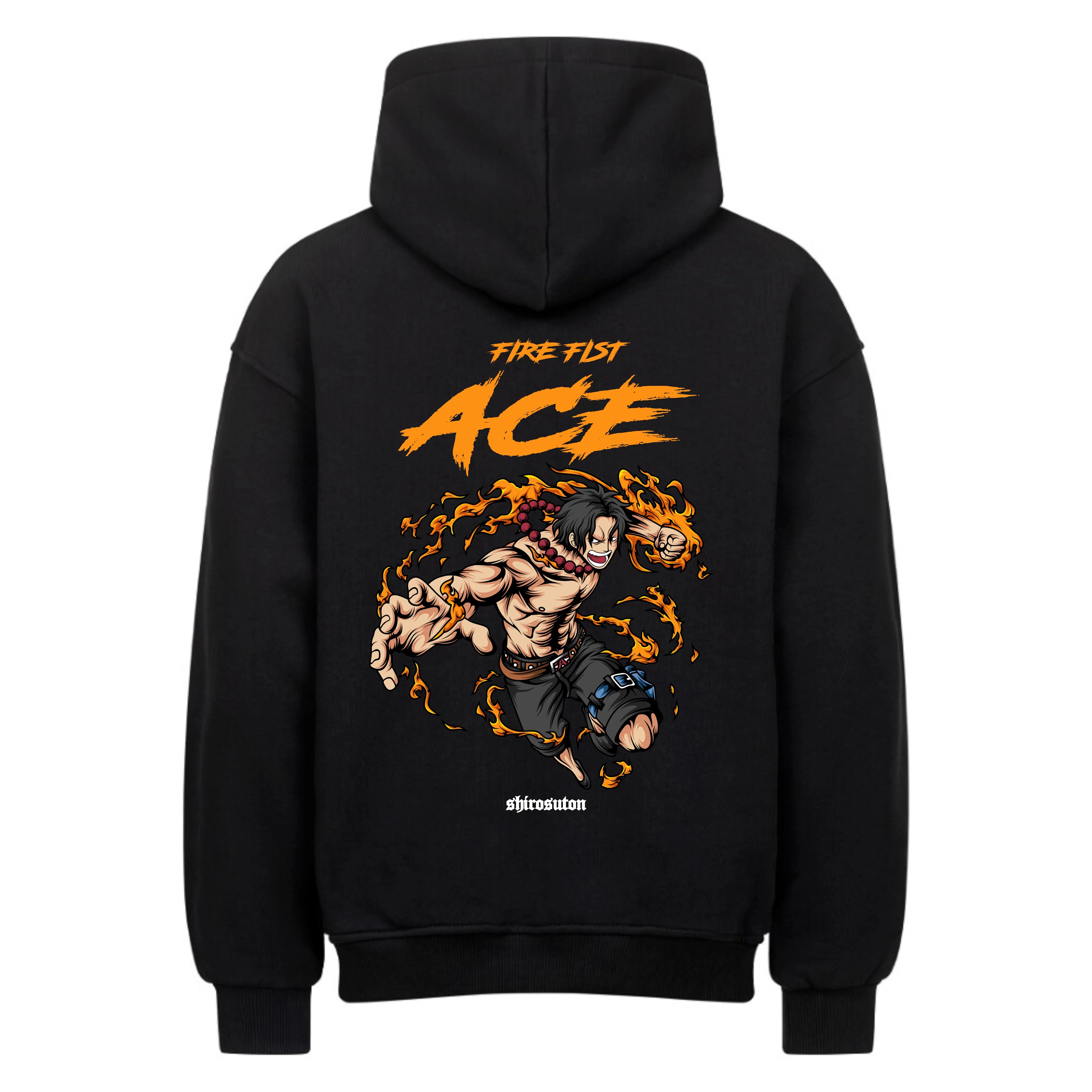 One Piece Ace Fire Fist Hoodie im Oversized-Stil – Hochwertiges Anime Merchandise für Streetwear Fans und One Piece Liebhaber.