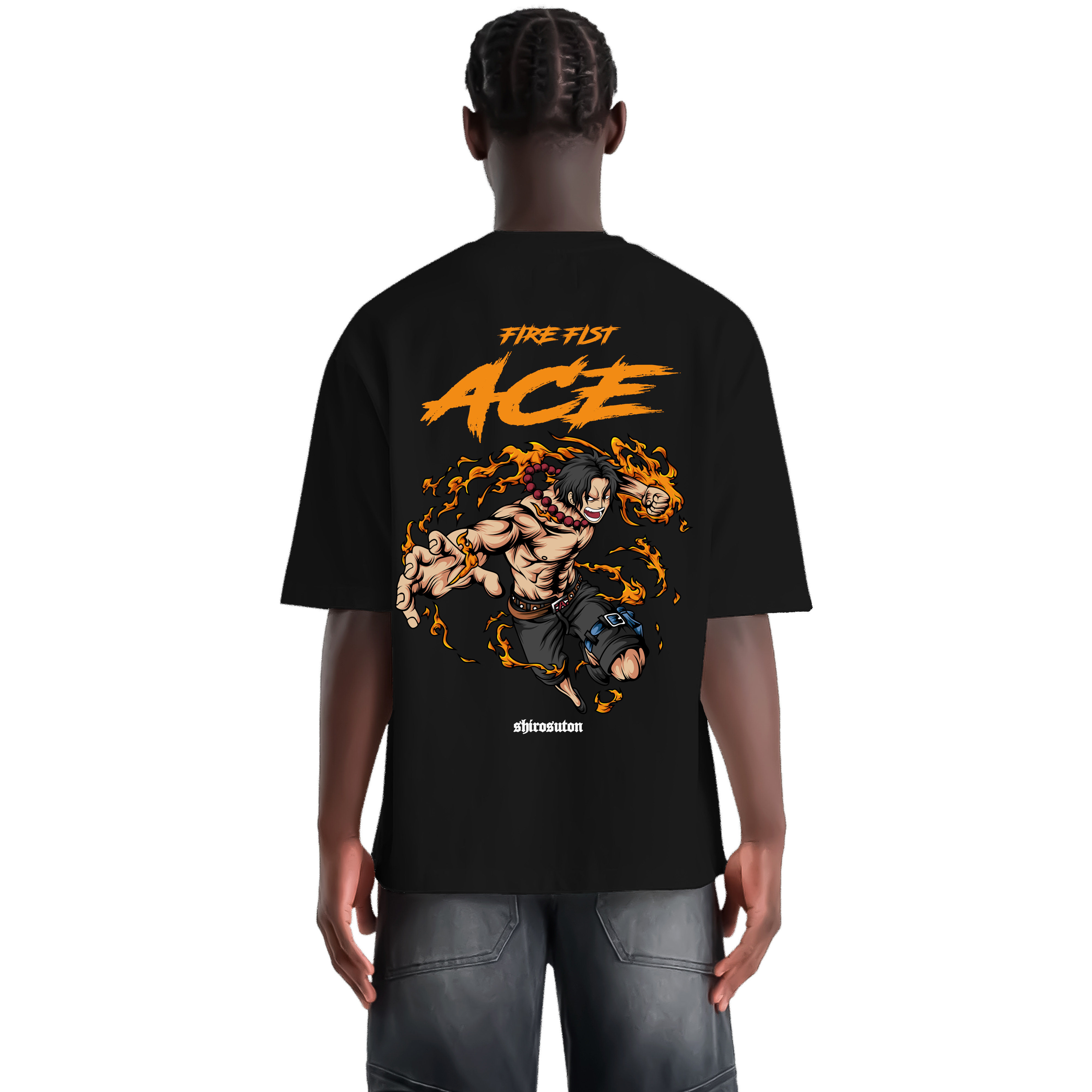 One Piece Ace Fire Fist T-Shirt im Oversized-Stil – Hochwertiges Anime Merchandise für Streetwear Fans und One Piece Liebhaber.