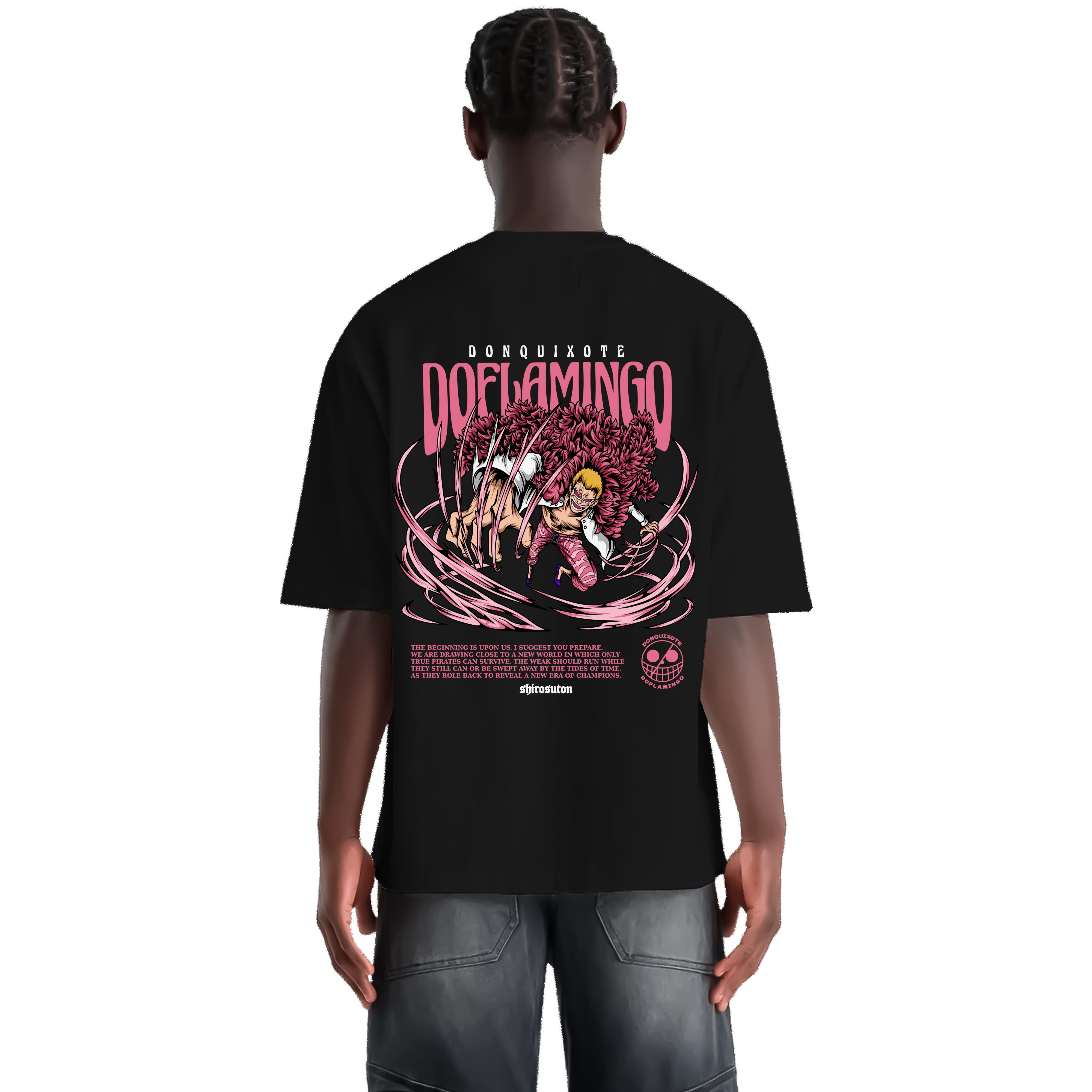 One Piece Doflamingo T-Shirt im Oversized Stil – Hochwertiges Anime Merchandise für Streetwear Fans und One Piece Liebhaber.