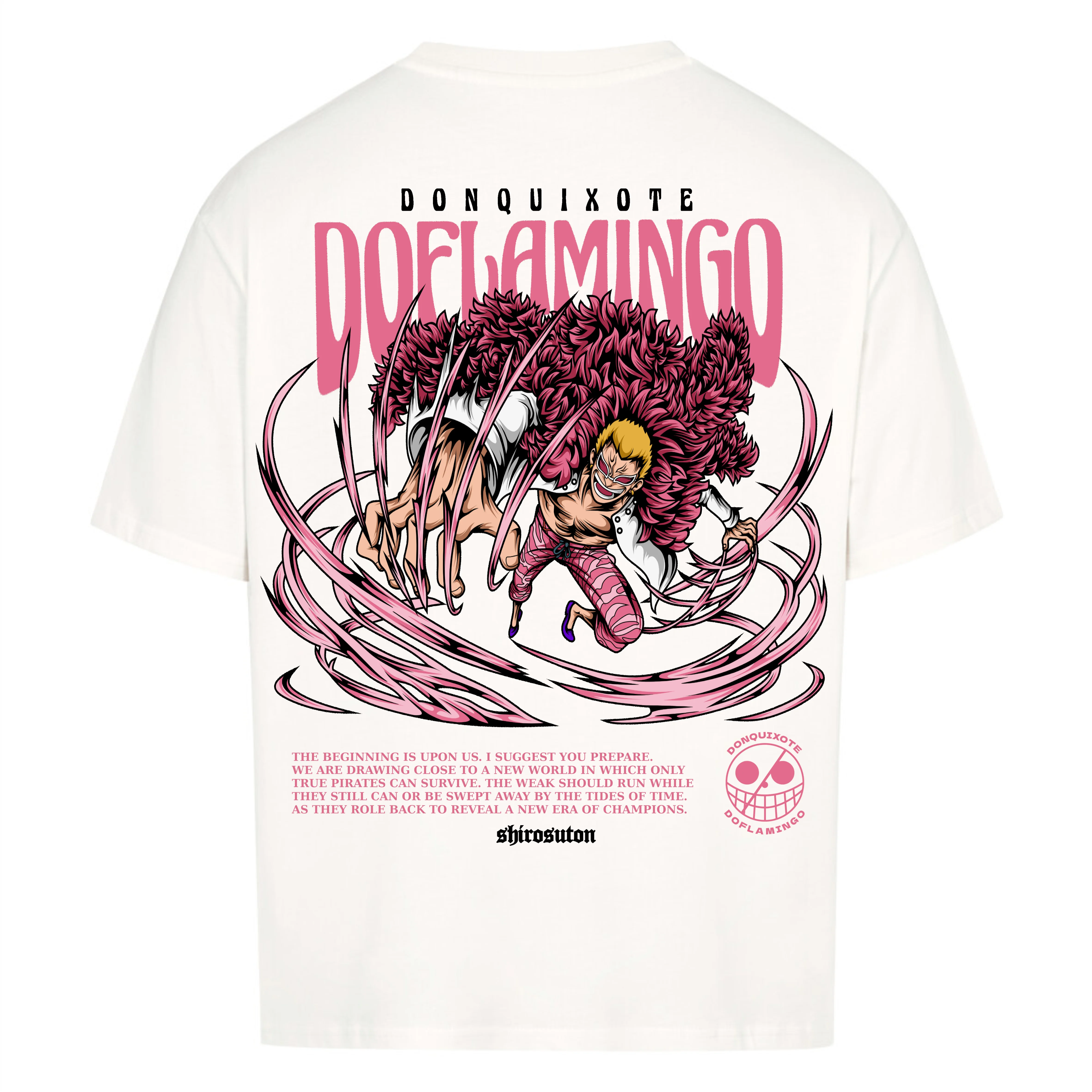 One Piece Doflamingo T-Shirt im Oversized Stil – Hochwertiges Anime Merchandise für Streetwear Fans und One Piece Liebhaber.