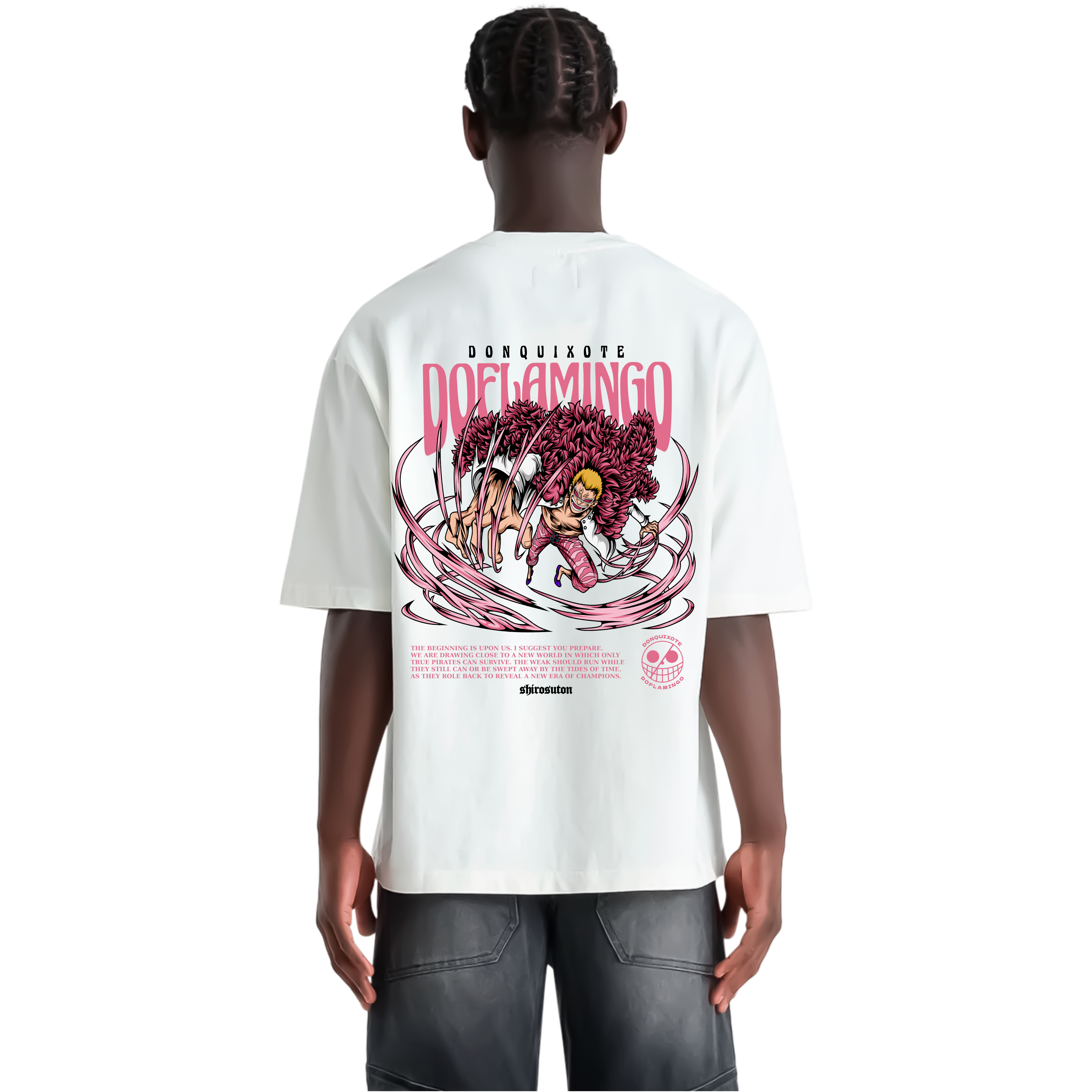 One Piece Doflamingo T-Shirt im Oversized Stil – Hochwertiges Anime Merchandise für Streetwear Fans und One Piece Liebhaber.